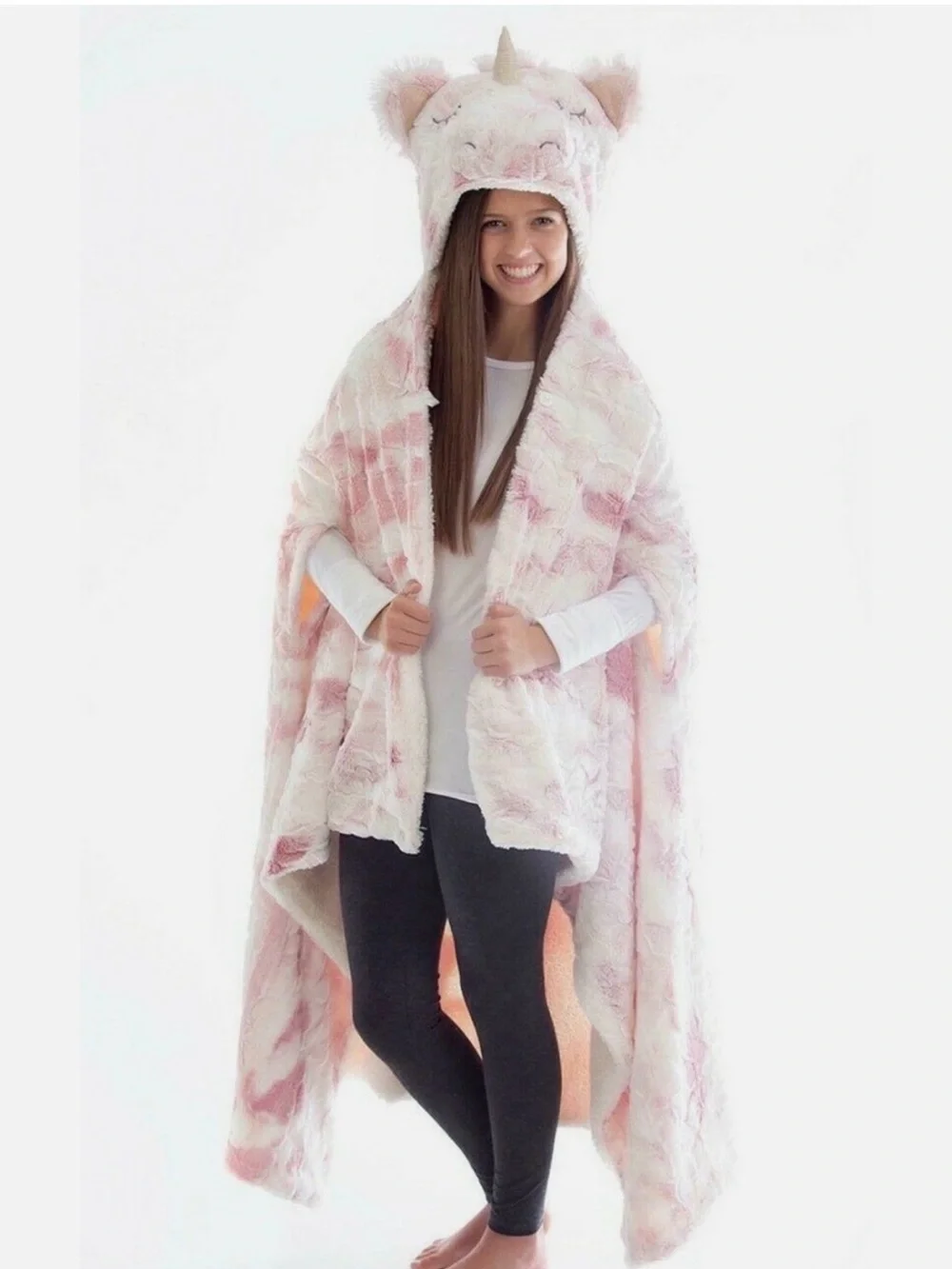 Pink Faux Fur Hooded Wearable Blanket with Animal Ears - Unicorn